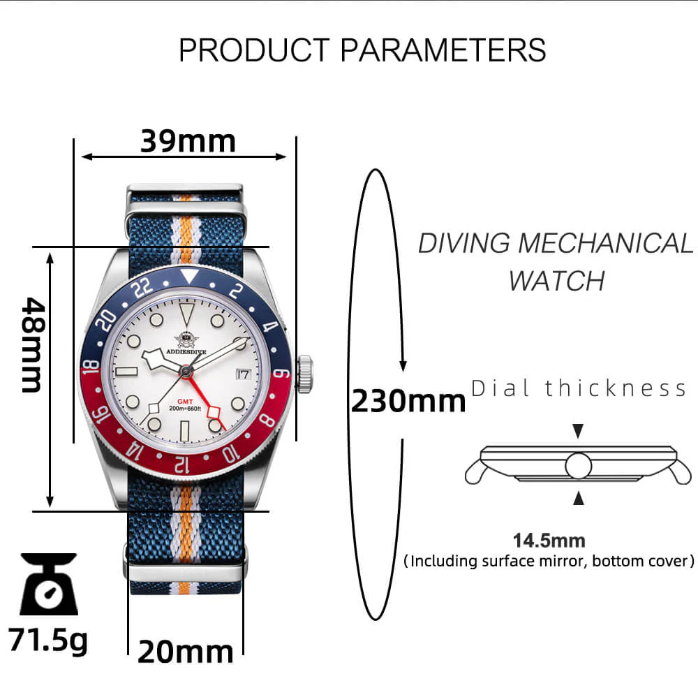★Saldi Anniversario★ADDIESDIVE 39mm Orologio al Quarzo BB58 GMT AD2044 - Image 12