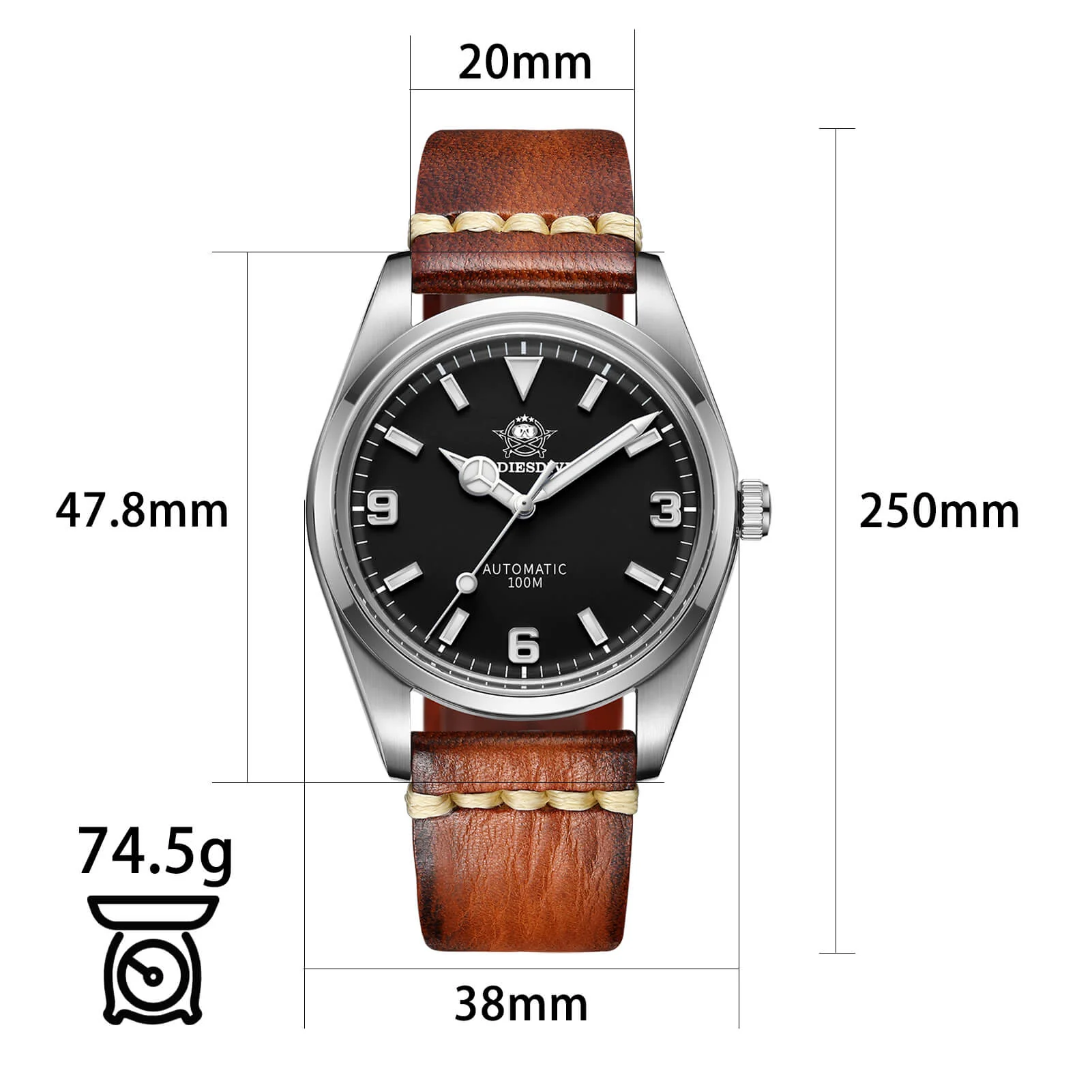ADDIESDIVE Orologio Pilota Automatico 38mm 100M (AD2112-cinturino in pelle) - Image 10